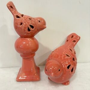 Set of 2 Ceramic Birds Pink / Salmon Color